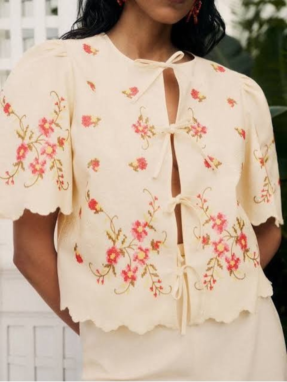 Sezane Cream Blouse with Pink & Green Floral Embroidery